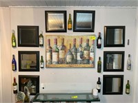 8 MIRRORS AND WINE THEMED ITEMS ON KITCHEN WALL