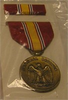 Military defense medal, ribbon and bar set