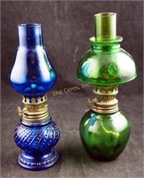 2 Small Collectible 9" Kerosene Colored Lamps