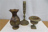 17"H Metal Brass Stand & 2 Metal Vases