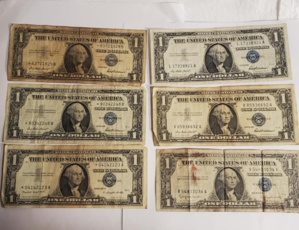 (6) ,1957 $1 Silver Certificates  See Description