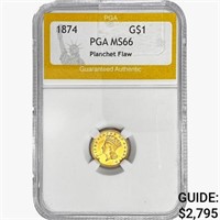 1874 Rare Gold Dollar PGA MS66 Planchet Flaw