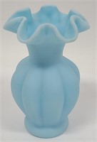 Fenton Satin Blue Melon Vase w/ Ruffle 5.5" Vase