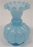 Fenton 4.5" Glossy Blue Melon Vase w/ Ruffled Top