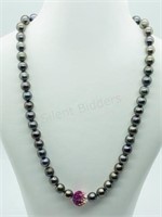 Sterling Silver, Pearl With Crystal Ball Necklace