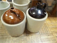Two #5 brown and white jugs, 16" and 18" high,