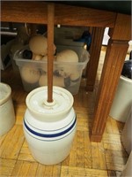 Stoneware butter churn with three blue bands;