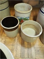 White 6" high stoneware crock; brown and white