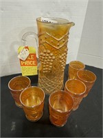 CARNIVAL GLASS PITCHER WITH 6 CUPS
