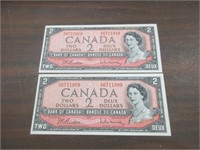 TWO 1954 IN SEQUENCE CAN TWO DOLLAR BANK NOTES