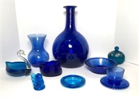 Cobalt Glassware- Vases, Ashtray Swan Dish &