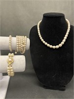 Costume Pearl Necklace and Bracelets
