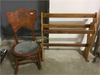 Small rocking chair and wooden quilt rack