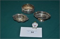 THREE SILVERPLATED NUT DISHES & PORCELAIN PERFUME