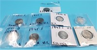 Lot of 9: 2 Mercury dimes, a buffalo nickel, 6 sil