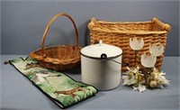 2 Baskets, Enamel Canister, etc.