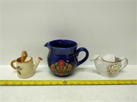 majolica pitcher and 2 watering cans