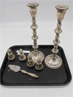 STERLING SILVER TRAY LOT OF WEIGHTED ITEMS