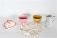 Vintage Cheese Dish, Crock Bowls & Water Pitcher