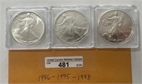 3-1986, 1995 & 1998 1 oz Liberty Dollars