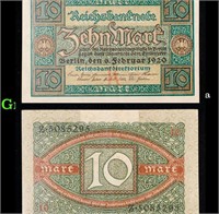 1920 Germany 10 Marks Banknote P# 67a Grades Choic