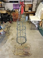 Wire Lighted Yard Christmas Tree, Metal Sled