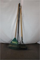 3 fan rakes and 1  push brooms