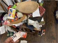 Wooden Bowl, End Table, and Misc. Contents