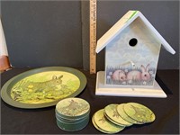 Bunny birdhouse tray and coasters