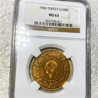 1966 Turkey Gold 100 Kurush NGC - MS63