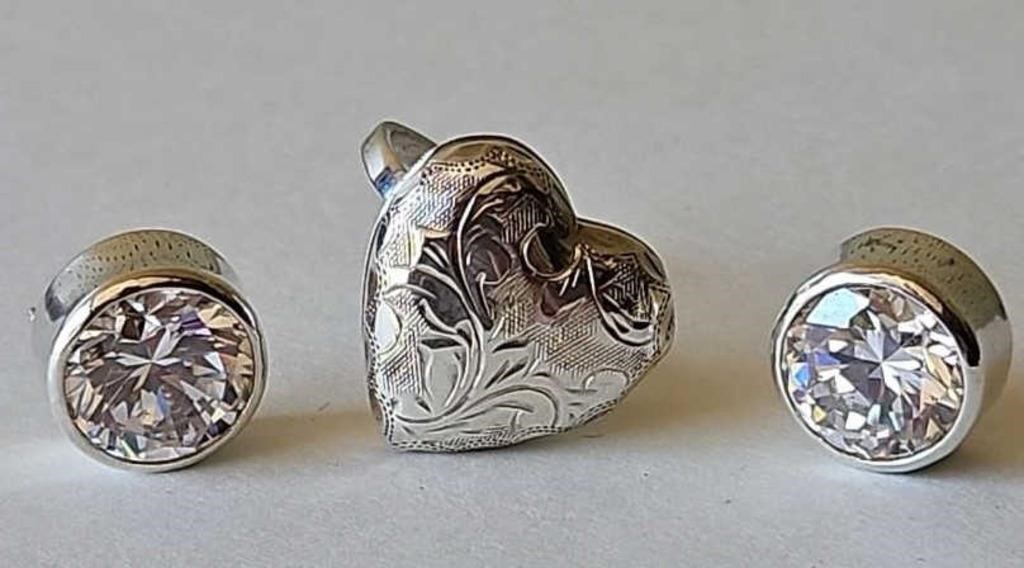 Sterling Silver Locket Ring & Earrings