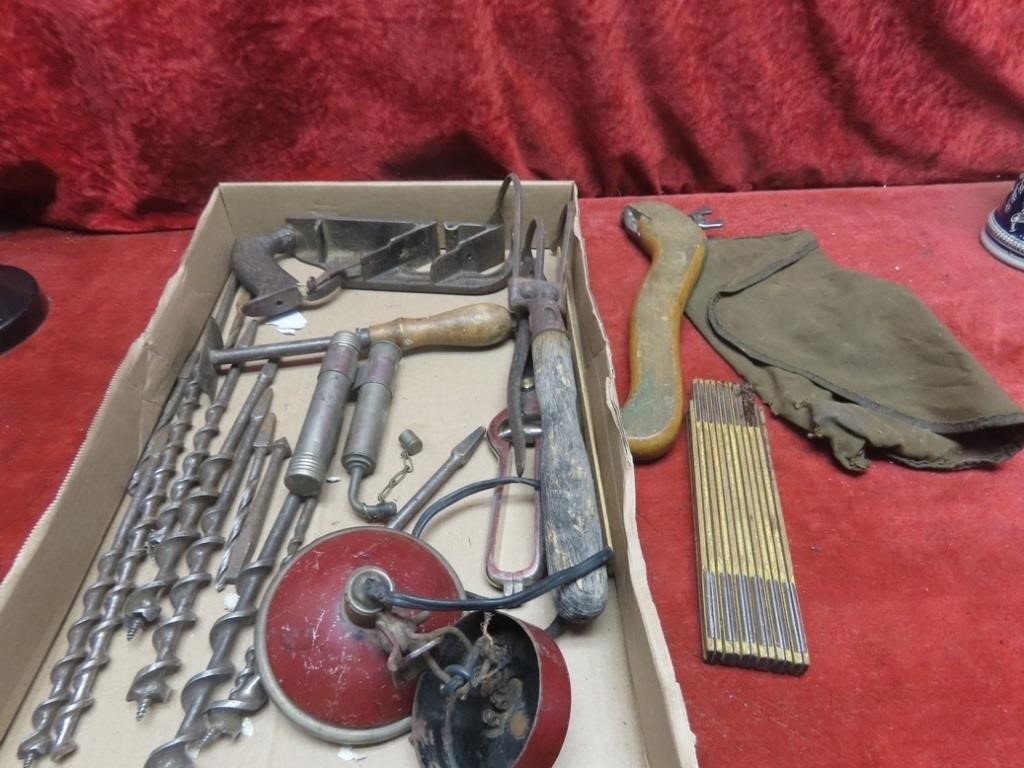 Wood plane, brace drill bits, lamp, assorted