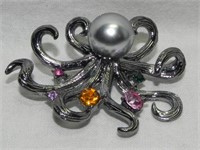 Silver Tone Multi Color Crystals Octopus Brooch