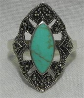 .925 Sterling Marcasite & Turquoise Ring, Sz 8