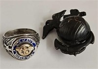 WWII US Navy Sterling Ring and Marine Cap Badge