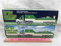 Two BP Toy Race Car Carrier Trucks NIB