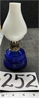 8" Milk Glass & Blue Glass Hobnail Oil Lamp