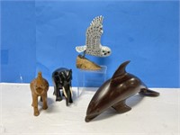 4 Carved Wood Animal Statues - Elephant (missing