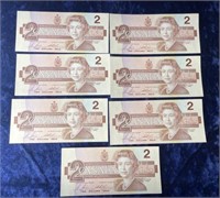 7-Consecutive CAN 1986 $2 bills excellent conditin