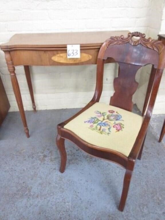 Walnut Tilt Top Game Table w/ Needlepoint Chair