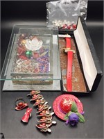 Glass Jewelry Box Full Red Hat Ladys ++++
