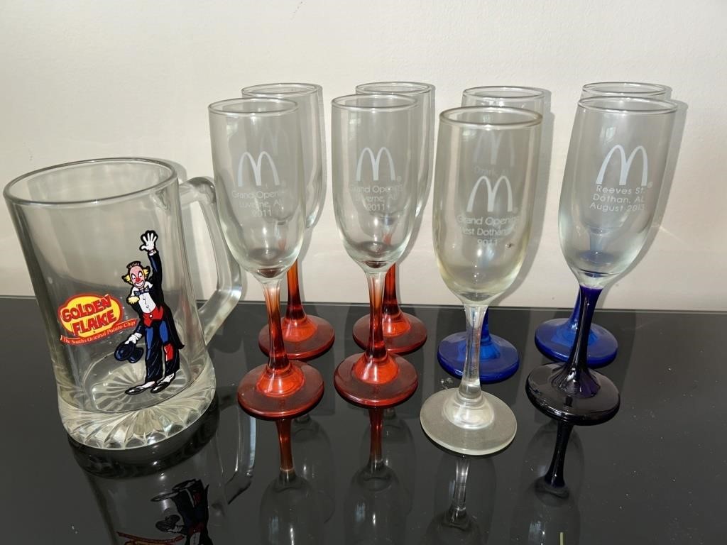 McDonald’s Champaign flutes and Golden flake Mug