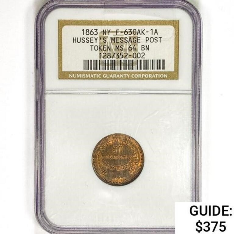 1863 NY Token F-630AK-1A NGC MS64 BN