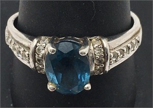 Sterling Silver Ring W Clear & Blue Stones