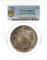 1921 US PEACE HIGH RELIEF $1 SILVER COIN PCGS MS62