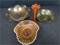 Fluted carnival glass, vase, and bowl with