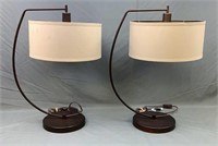 Pair Table Lamps Circular Shades On Brown Metal