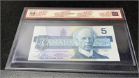 1986 Canadian 5 Dollar Bill BCS Graded 64
