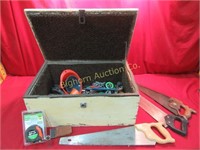 Wooden Box w/ Tools: Hand Saws, Vise Grips, End