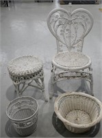 4 pcs White Wicker Chair / Ottoman / Baskets